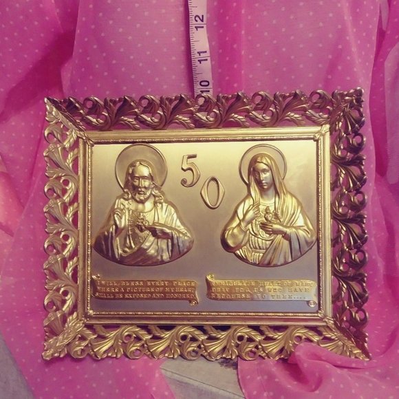 Immaculate Heart of Mary Golden Metal Wall Plaque Vintage Long Love Life - Picture 9 of 9